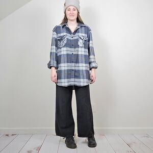 Vintage Y2K Plaid Flannel Button Up Shirt Gray White Large